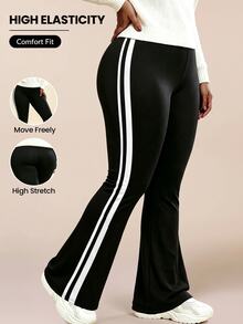 SHEIN Rhythm Era Plus Size Autumn/Winter Thermal Lined Thickened Colorblock Striped Patchwork Sports Long Pants - Black - View 9