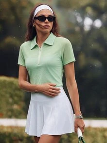 CourtClass CourtClass Women's Casual Sports Contrast Mesh Zip-Up Short Sleeve Polo Shirt - Mint Green - View 3