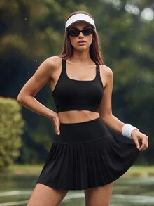 CourtClass CourtClass 夏季纯色短款露背上衣和百褶裙运动两件套健身女套装健身房女装 - 黑色 - 查看 7