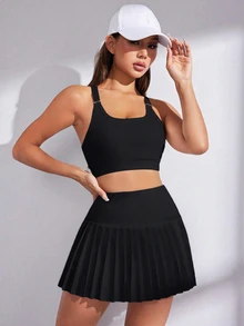 CourtClass CourtClass 夏季纯色短款露背上衣和百褶裙运动两件套健身女套装健身房女装 - 黑色 - 查看 6