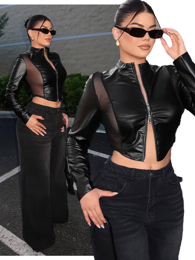 SHEIN SXY Women's Solid Color PU Leather Zipper Front Mesh Patchwork Jacket - Black - View 1
