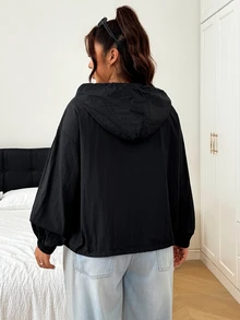 SHEIN EZwear Plus Size Women's Solid Color Long Sleeve Zip-Up Casual Hooded Jacket - Black - View 2