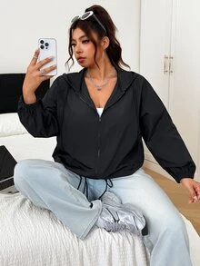 SHEIN EZwear Plus Size Women's Solid Color Long Sleeve Zip-Up Casual Hooded Jacket - Black - View 5