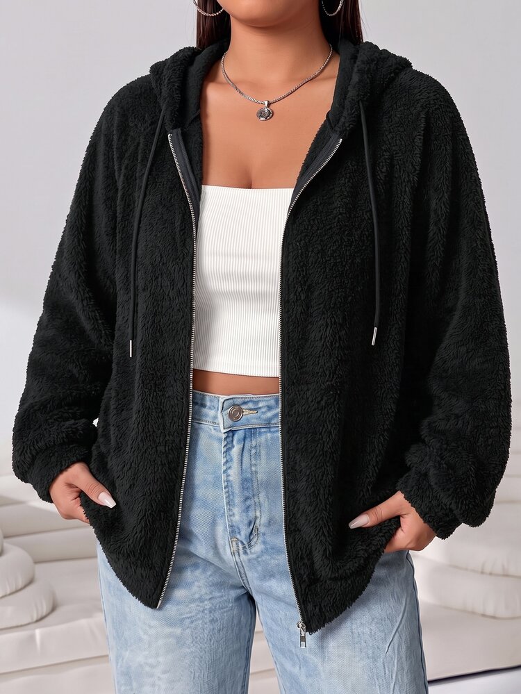 Solflare New Fall/Winter Plus Size Women's Black Solid Long-Sleeve Zip-Front Drawstring Hooded Sweatshirt, Warm Fuzzy Feel For Home, Outings, Dates & School - Black - View 1