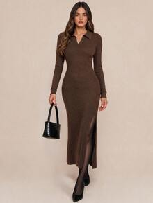 Amorya Women's Solid Color Lapel Long Sleeve Side Slit Hem Elegant Long Dress - Coffee Brown - View 9