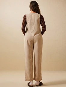 Boho Mama Maternity Letter Embroidery Pocket Design Casual Overalls - Apricot - View 5