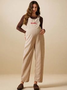 Boho Mama Maternity Letter Embroidery Pocket Design Casual Overalls - Apricot - View 6