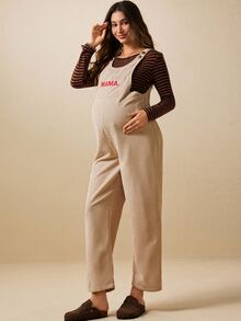 Boho Mama Maternity Letter Embroidery Pocket Design Casual Overalls - Apricot - View 4