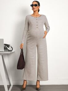 MaterniWear Maternity Casual Striped Jumpsuit For Autumn - Multicolor - View 9