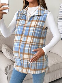 SHEIN Maternity Plaid Casual Loose Fit Baggy Daily Wear 3-In-1 Jacket Basic Cute Chic Going Out Pregnant Autumn Blue - Multicolor - View 9