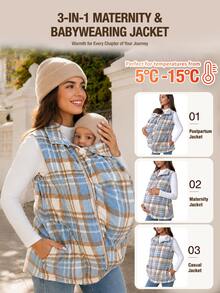 SHEIN Maternity Plaid Casual Loose Fit Baggy Daily Wear 3-In-1 Jacket Basic Cute Chic Going Out Pregnant Autumn Blue - Multicolor - View 4