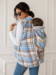 SHEIN Maternity Plaid Casual Loose Fit Baggy Daily Wear 3-In-1 Jacket Basic Cute Chic Going Out Pregnant Autumn Blue - Multicolor - View 2