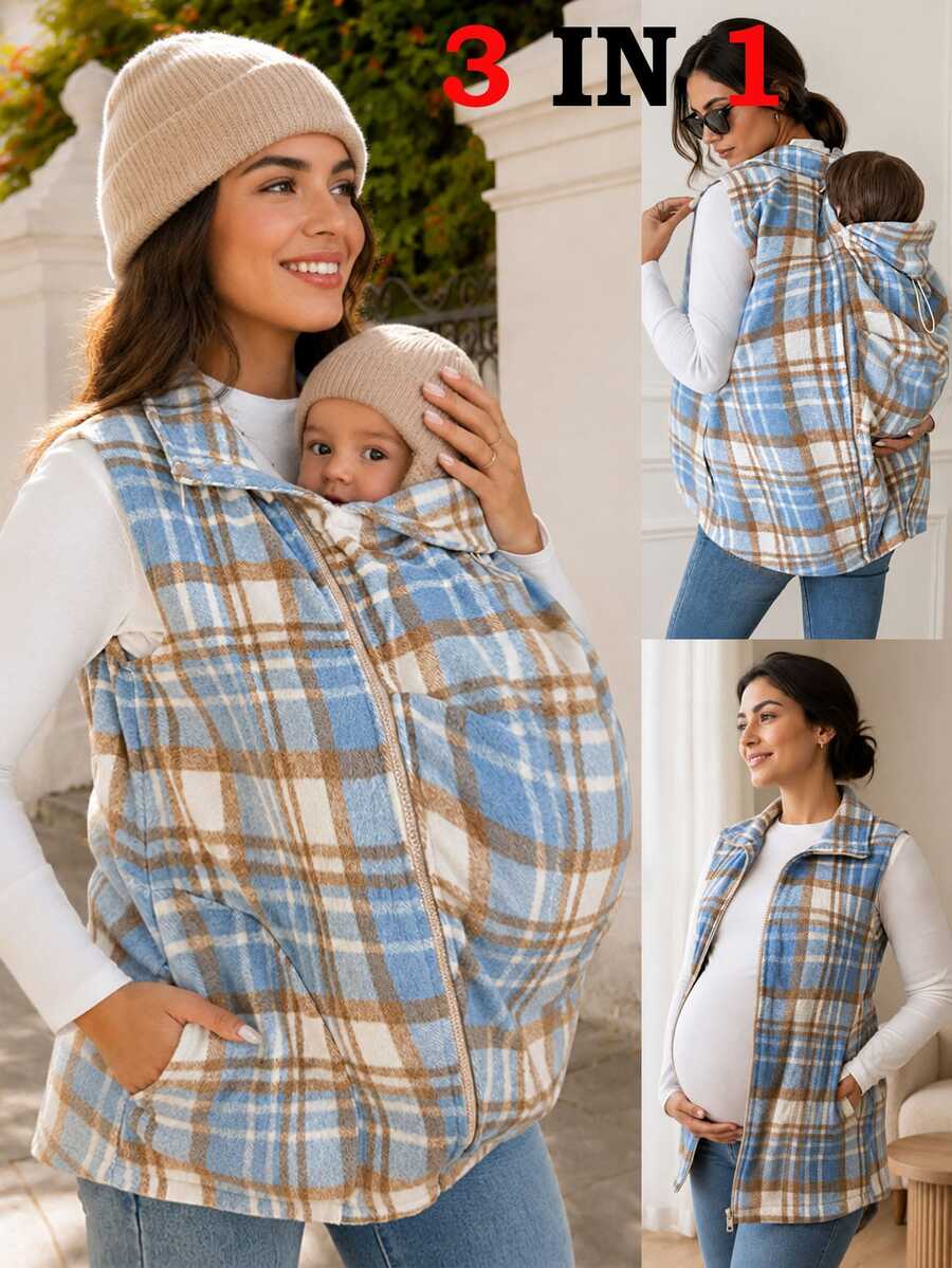 SHEIN Maternity Plaid Casual Loose Fit Baggy Daily Wear 3-In-1 Jacket Basic Cute Chic Going Out Pregnant Autumn Blue - Multicolor - View 1