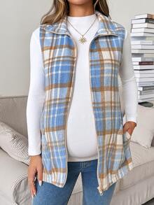 SHEIN Maternity Plaid Casual Loose Fit Baggy Daily Wear 3-In-1 Jacket Basic Cute Chic Going Out Pregnant Autumn Blue - Multicolor - View 11
