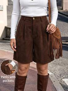 SHEIN LUNE Plus Size Casual Versatile Pocket Button Shorts For Daily Wear - Coffee Brown - View 9