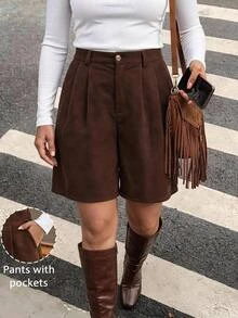 SHEIN LUNE Plus Size Casual Versatile Pocket Button Shorts For Daily Wear - Coffee Brown - View 2