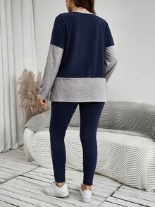 SHEIN LUNE Plus Size Women's Colorblock Round Neck Long Sleeve T-Shirt And Leggings Baggy 2 Pieces Set Formal Vacation Home Wear Navy Blue Autumn Going Out - Navy Blue - View 4