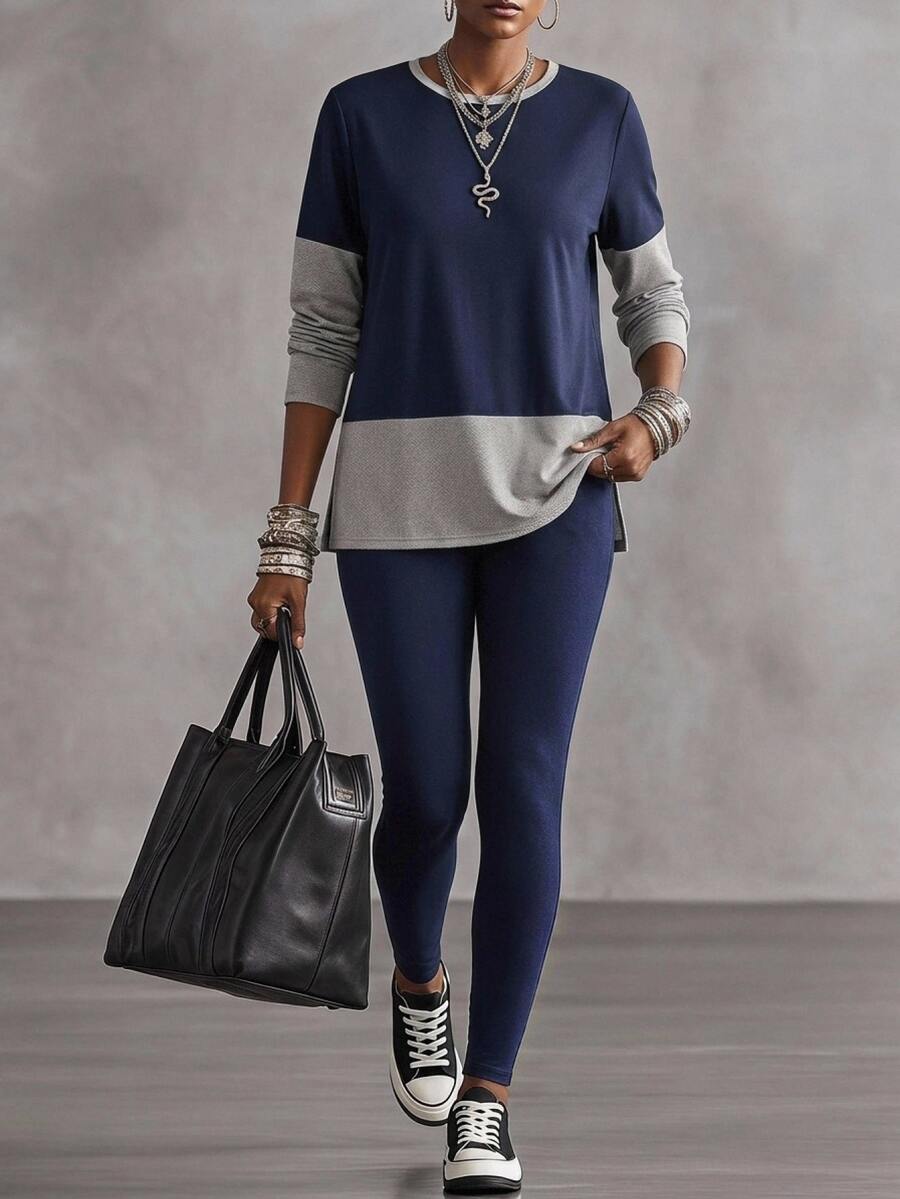 SHEIN LUNE Plus Size Women's Colorblock Round Neck Long Sleeve T-Shirt And Leggings Baggy 2 Pieces Set Formal Vacation Home Wear Navy Blue Autumn Going Out - Navy Blue - View 1