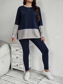 SHEIN LUNE Plus Size Women's Colorblock Round Neck Long Sleeve T-Shirt And Leggings Baggy 2 Pieces Set Formal Vacation Home Wear Navy Blue Autumn Going Out - Navy Blue - View 3