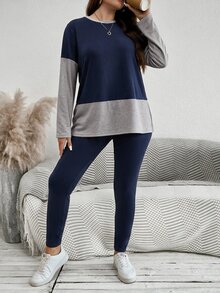 SHEIN LUNE Plus Size Women's Colorblock Round Neck Long Sleeve T-Shirt And Leggings Baggy 2 Pieces Set Formal Vacation Home Wear Navy Blue Autumn Going Out - Navy Blue - View 6