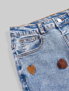 SHEIN Girls' Cute Heart-Shaped Towel Colorful Embroidered Denim Flare Pants, Y2K Fashion Retro Casual Washed Denim Flare Pants, Suitable For School Wear - Medium Wash - View 3