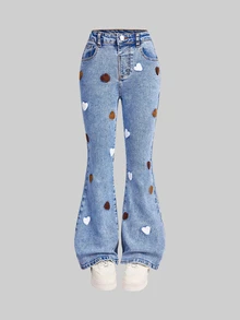SHEIN Girls' Cute Heart-Shaped Towel Colorful Embroidered Denim Flare Pants, Y2K Fashion Retro Casual Washed Denim Flare Pants, Suitable For School Wear - Medium Wash - View 5