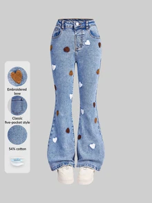 SHEIN Girls' Cute Heart-Shaped Towel Colorful Embroidered Denim Flare Pants, Y2K Fashion Retro Casual Washed Denim Flare Pants, Suitable For School Wear - Medium Wash - View 7