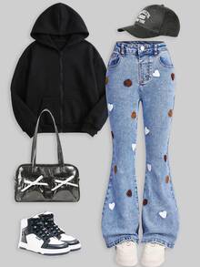 SHEIN Girls' Cute Heart-Shaped Towel Colorful Embroidered Denim Flare Pants, Y2K Fashion Retro Casual Washed Denim Flare Pants, Suitable For School Wear - Medium Wash - View 6