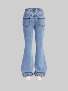 SHEIN Girls' Cute Heart-Shaped Towel Colorful Embroidered Denim Flare Pants, Y2K Fashion Retro Casual Washed Denim Flare Pants, Suitable For School Wear - Medium Wash - View 2