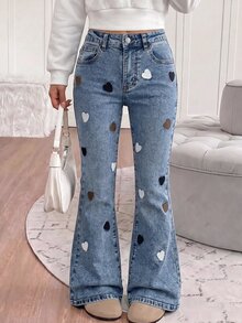 SHEIN Girls' Cute Heart-Shaped Towel Colorful Embroidered Denim Flare Pants, Y2K Fashion Retro Casual Washed Denim Flare Pants, Suitable For School Wear - Medium Wash - View 11