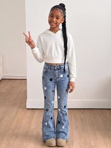 SHEIN Girls' Cute Heart-Shaped Towel Colorful Embroidered Denim Flare Pants, Y2K Fashion Retro Casual Washed Denim Flare Pants, Suitable For School Wear - Medium Wash - View 10