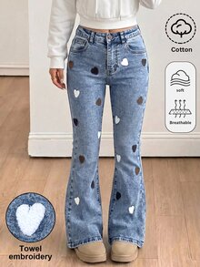 SHEIN Girls' Cute Heart-Shaped Towel Colorful Embroidered Denim Flare Pants, Y2K Fashion Retro Casual Washed Denim Flare Pants, Suitable For School Wear - Medium Wash - View 1