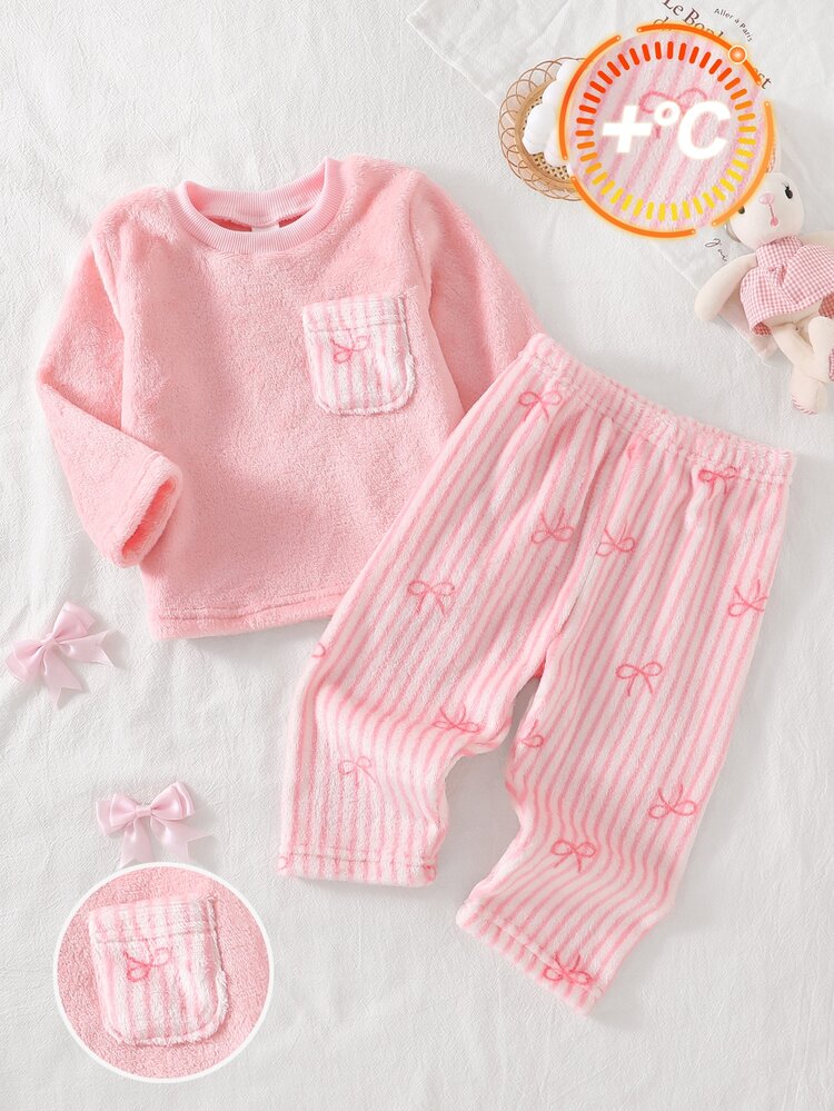 2pcs/Set Pink Vertical Stripe Pocket Top & Vertical Stripe Bow Pajama Pants, Plush Long Sleeve Long Pants, Thickened, Comfortable Sleepwear Loungewear Set For Baby Girls, Suitable For Autumn/Winter - Baby Pink - View 3