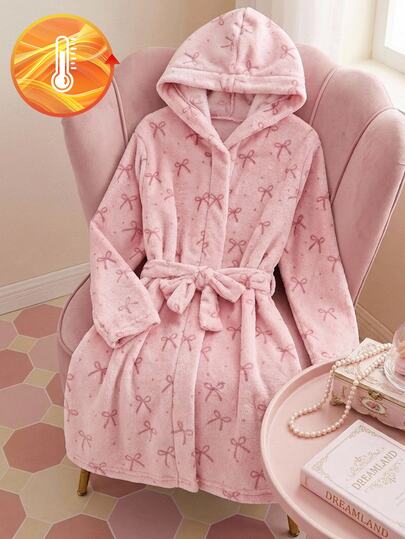 Teen Girls Pink Minimalist Elegant Bow & Floral Plush Long Sleeve Robe, Casual Loungewear For Winter Home Scenes, Warm For The Whole Winter, Suitable For Autumn/Winter, Home Leisure, Holiday Party And Family Matching