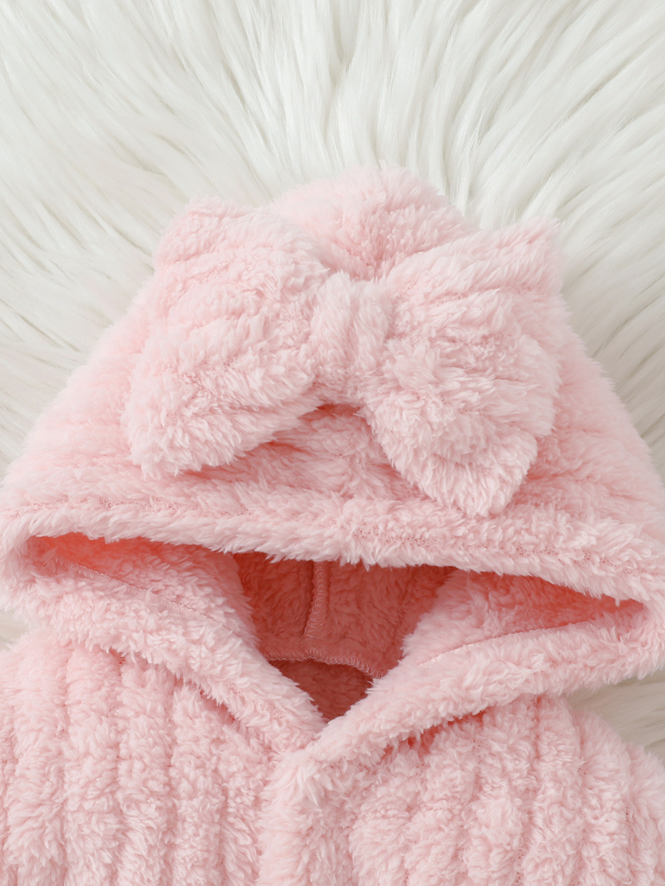 SHEIN Autumn/Winter Double-Sided Fleece Jacquard Striped Plush Thickened Newborn Bathrobe Pink Sweet Gentle Long Sleeve Long Robe With Matching 3D Bow Nightgown - Pink - View 4