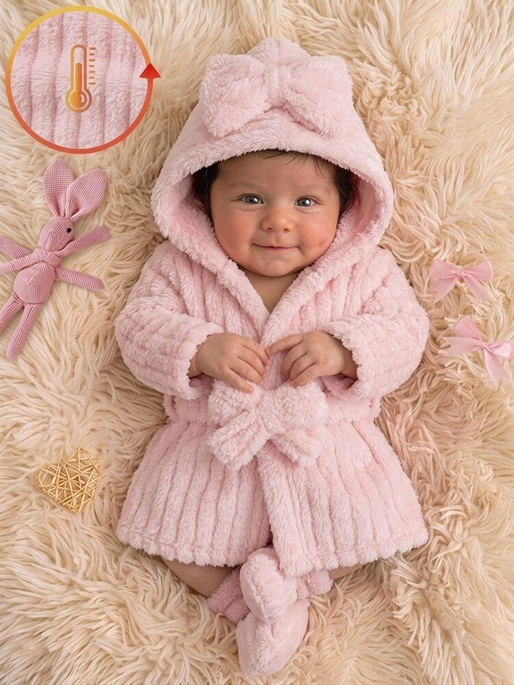 SHEIN Autumn/Winter Double-Sided Fleece Jacquard Striped Plush Thickened Newborn Bathrobe Pink Sweet Gentle Long Sleeve Long Robe With Matching 3D Bow Nightgown - Pink - View 10