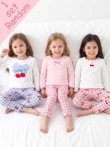 Baby Girl Spring/Autumn Bowknot Cherry Mixed Print Knitted Top Frill Trim Long Sleeve Pants 2-Piece Set White White And Blue Plaid Christening - Grey - View 6