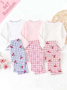 Baby Girl Spring/Autumn Bowknot Cherry Mixed Print Knitted Top Frill Trim Long Sleeve Pants 2-Piece Set White White And Blue Plaid Christening - Grey - View 3