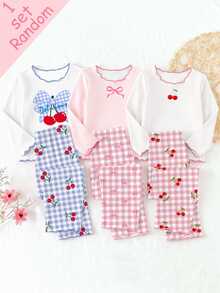 Baby Girl Spring/Autumn Bowknot Cherry Mixed Print Knitted Top Frill Trim Long Sleeve Pants 2-Piece Set White White And Blue Plaid Christening - Grey - View 2
