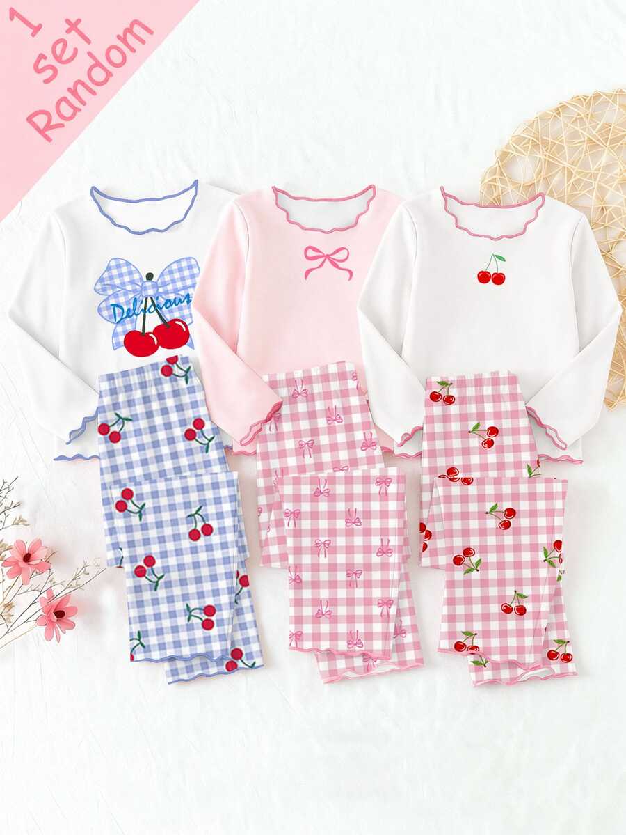 Baby Girl Spring/Autumn Bowknot Cherry Mixed Print Knitted Top Frill Trim Long Sleeve Pants 2-Piece Set White White And Blue Plaid Christening