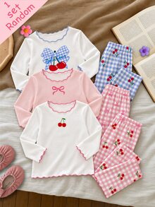 Baby Girl Spring/Autumn Bowknot Cherry Mixed Print Knitted Top Frill Trim Long Sleeve Pants 2-Piece Set White White And Blue Plaid Christening - Grey - View 4