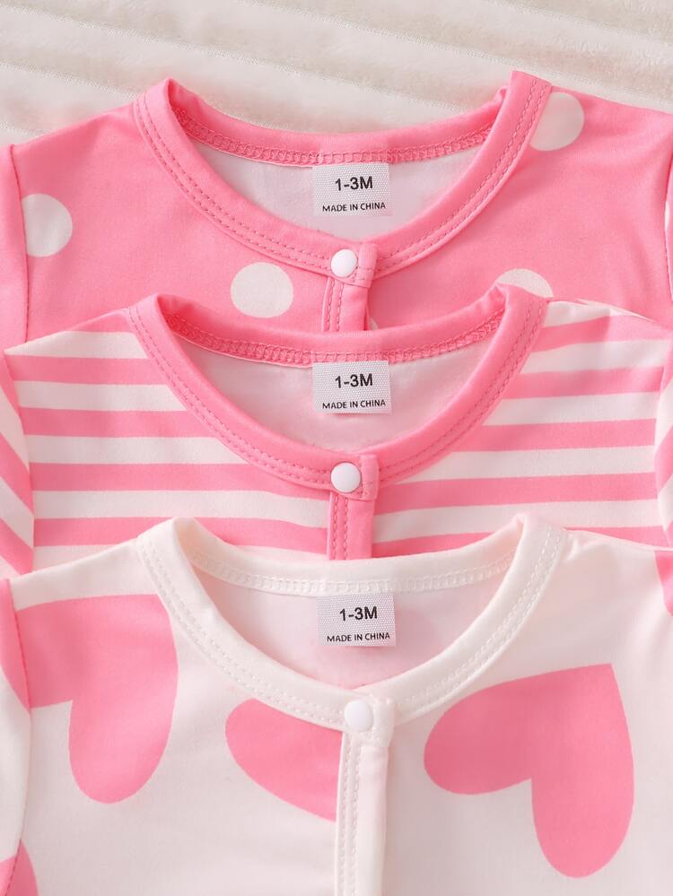 SHEIN Newborn Minimalist Sweet Cute Heart Pattern 3 Pieces Set Long Sleeve Jumpsuit Loungewear Autumn/Winter Fall Crew Neck Knit Print Pants Cozy Soft - Multicolor - View 6