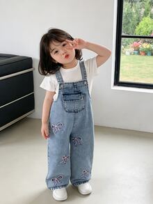 SHEIN ChillGRL 女童休閒牛仔女牛仔西部風多功能吊帶褲，淺藍色蝴蝶結刺繡，寬鬆直筒褲腿，舒適棉質面料，返校季 - 淺色水洗藍 - 查看 9