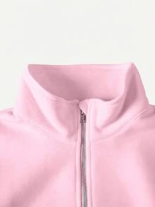 SHEIN 青少年女孩休閒時尚條紋拉鍊運動衫，可愛基礎針織短版寬鬆花卉上衣，秋冬款 - 粉色 - 查看 6