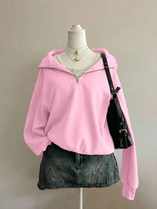SHEIN 青少年女孩休閒時尚條紋拉鍊運動衫，可愛基礎針織短版寬鬆花卉上衣，秋冬款 - 粉色 - 查看 8