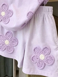 SHEIN Girls' Purple Floral Print All-Over Shorts Set, Casual All-Match Versatile 2-Piece Outfit For Summer, Autumn, Spring, Suitable For Girls And Girl - Multicolor - View 4