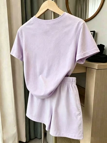 SHEIN Girls' Purple Floral Print All-Over Shorts Set, Casual All-Match Versatile 2-Piece Outfit For Summer, Autumn, Spring, Suitable For Girls And Girl - Multicolor - View 2