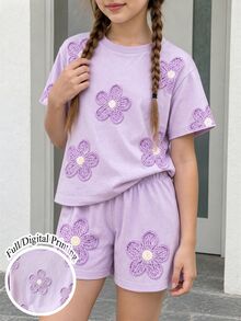 SHEIN Girls' Purple Floral Print All-Over Shorts Set, Casual All-Match Versatile 2-Piece Outfit For Summer, Autumn, Spring, Suitable For Girls And Girl - Multicolor - View 3