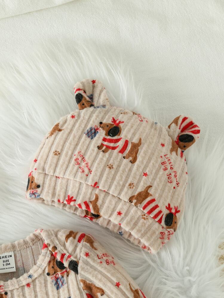 SHEIN 2pcs Newborn Infant Baby Boy Jumpsuit Romper Cute Sweet Beige Red Dog Antler Ribbed Bear Ear Long Sleeve Round Neck Christmas Holiday Winter Cozy Fall - Multicolor - View 6