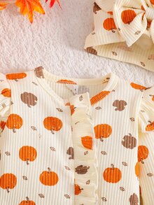 SHEIN 2件裝新生女嬰連身衣 可愛甜美橘色奶油南瓜印花 蝴蝶結荷葉邊飄逸長袖圓領 萬聖節秋季公主風 舒適羅紋 - 彩色 - 查看 5